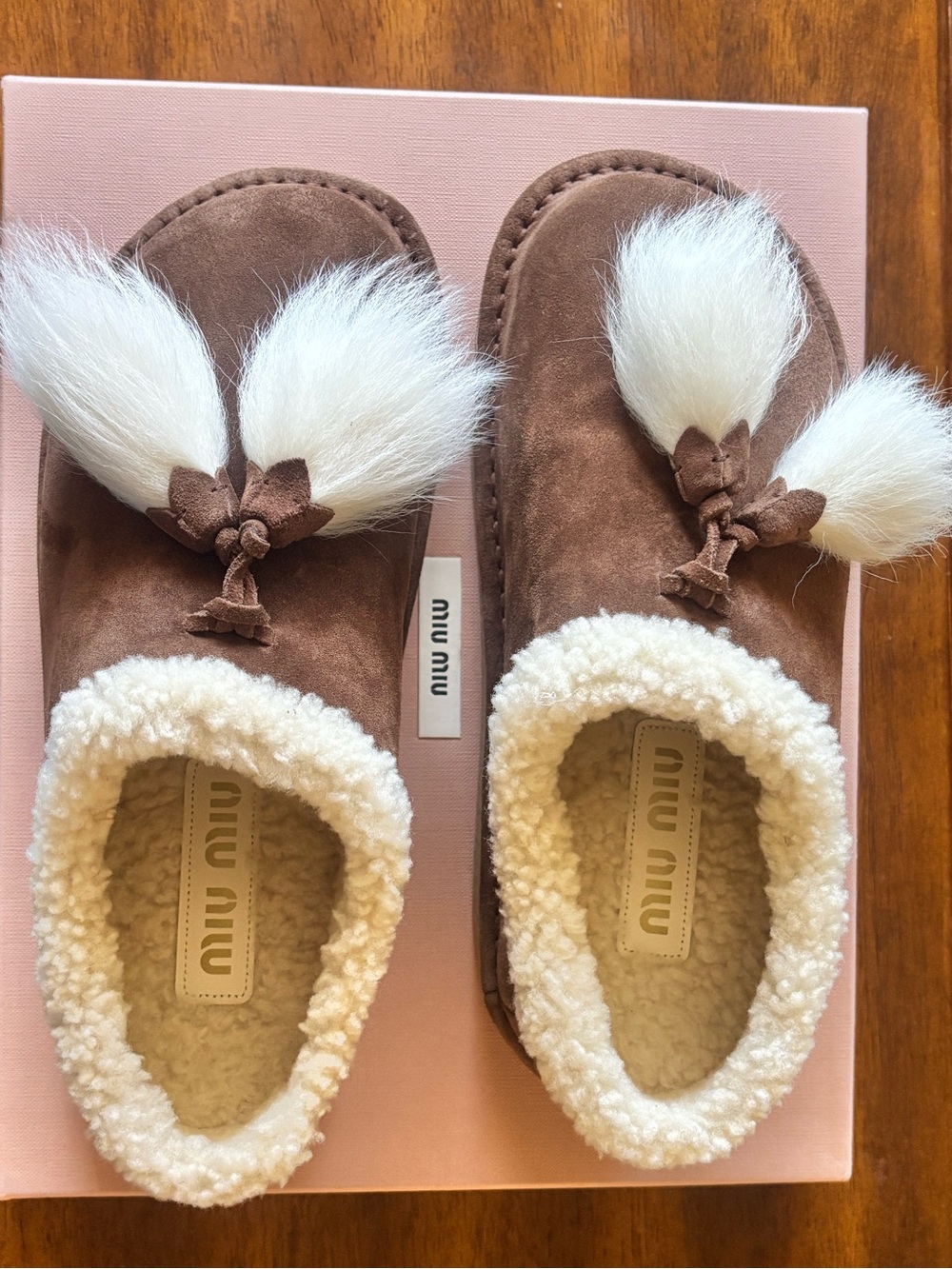 Miu Miu Brown and Cream Kids Pom-Pom Slip-On Slippers Size 37